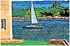 Boating in Front of Brick tower of Avery Point Light. Digital Pa